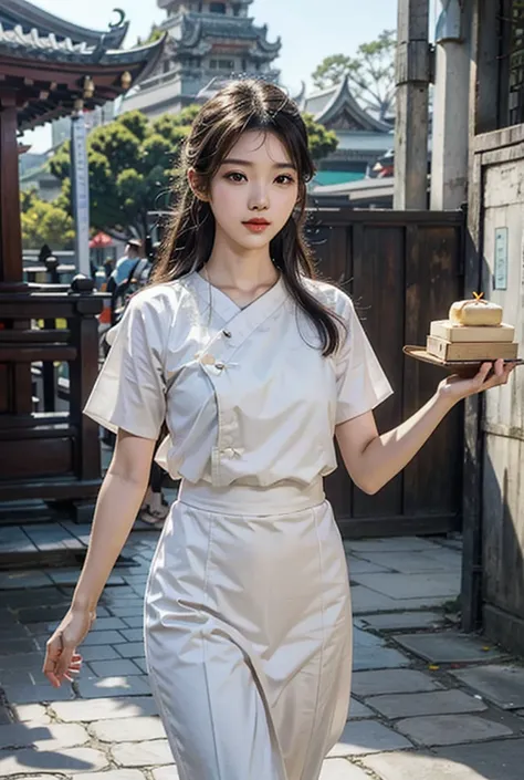 Real photo, beautiful Asian woman, wearing white Thai meditation clothes, walking in a temple, holding a box of steamed buns, high resolution., 