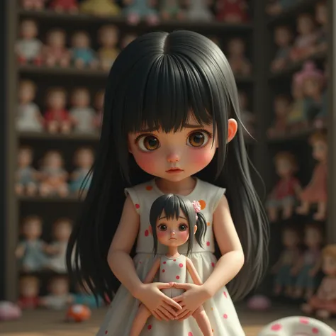 Beautiful four-year-old girl with European western features, amber eyes, sad</input></xml>, pale skin, long black hair with bangs, wearing white dress with large colored dots without sleeves, crying standing with a broken porcelain doll in her small hands,...