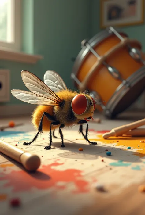 Create an image of a fly with traces of a baby playing drums 