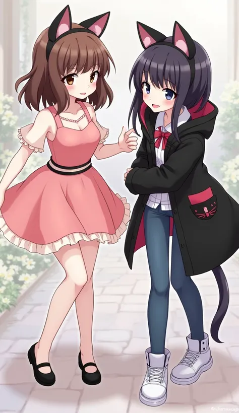 Two girls panty and stocking style, one with medium short hair, pale skin, brown wavy hair,dark brown eyes, a pastel red dress with white, black shoes, and the other with long hair, dark brown eyes, a black cat coat, and jeans, and white sneakers and dark ...