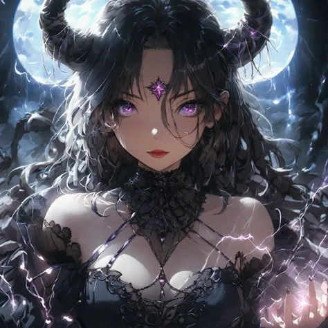 detailed background, masterpiece, best quality, demonic woman,  curly hair, long black  hair, purple eyes, star in eye , straple...