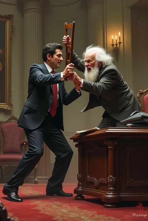 A young politician Pablo Marcal being hit with a small chair by an elderly white dwarf and leaving in anger