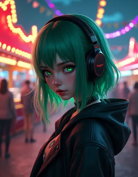 Japanese cartoons, dj女孩, dj, dj girl, earphone, carnival, (Highest quality),masterpiece,,extremely Detailed CG wallpaper, ultra_Detailed,(Movie Lighting:1.1), (Cold Face), Green Eyes 1 Girl, Solitary, dark green_hair, Short_hair, masterpiece, , Glasses