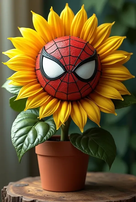 Create an image of a sunflower pot with a spiderman face 
