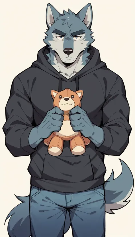 One person、(((A male wolf))、(middle aged)、、Stubble、Grey body、masterpiece、Highest quality、 、Fairy tale、、stuffed toy、Panic face, nude, underpants, hoodie, blue, solo, cuerpo completo, wolf Tail,