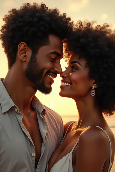  black skin, with short curly hair with her boyfriend with green eyes and beautiful smile. The two look at each other in love 