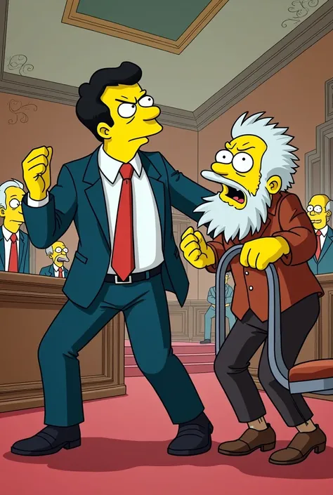 A young politician Pablo Marcal being hit with a small chair by an elderly white dwarf and leaving in anger, in a cartoon style similar to The Simpsons.