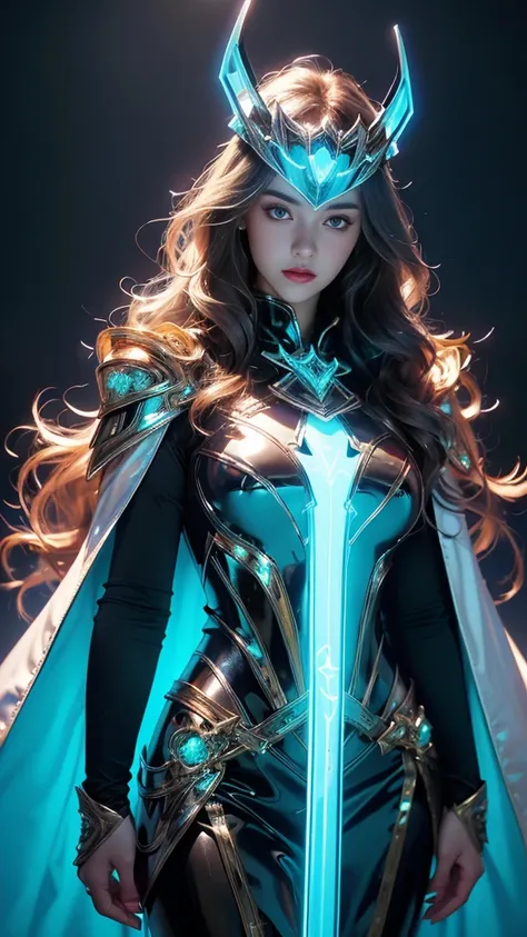 Top quality, masterpiece, ultra high definition, Original photo, 1 Girl, ((wavy sardine)), cinematic lighting, very long hair, detailed eyes, wind, necklace, piercing, ((explorer cospaly)), ((ironic outfit)), blue outfit, ((electric cape)), ((queen helm)),...