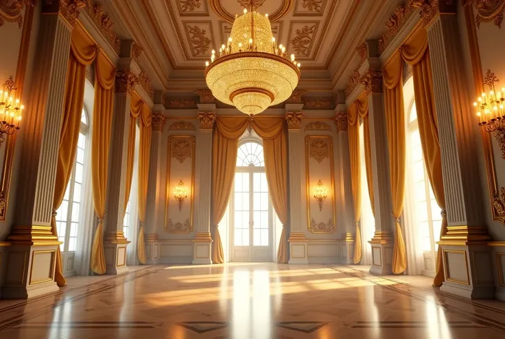 An opulent grand hall with high ceilings, featuring large windows draped in golden curtains. The walls are decorated with intricate golden moldings and ornate designs, adding a regal touch. A massive chandelier hangs from the ceiling, casting a soft light ...