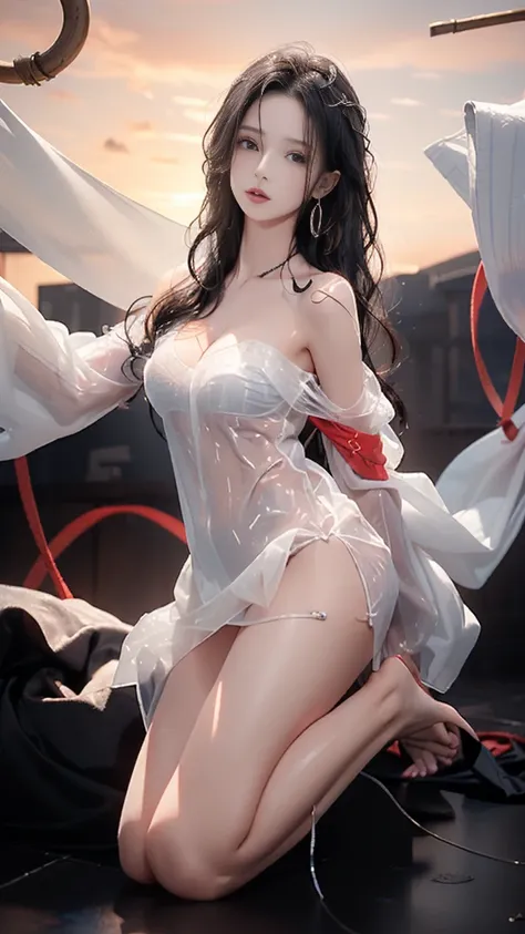 4，(((1 girl，Unique, Beautiful girl, bishoujo， (Tempting:1.3)，desire，Deep V，Exposed breasts，Wavy Lines，fold，cleavage cutout，Shocked，(sexy:1.3), ((emotions:(helpless:1.2), (distressed:1.2))), open cloths，Pure and sexy，pointy breasts，(bitch virgin:1.2)，(See-t...