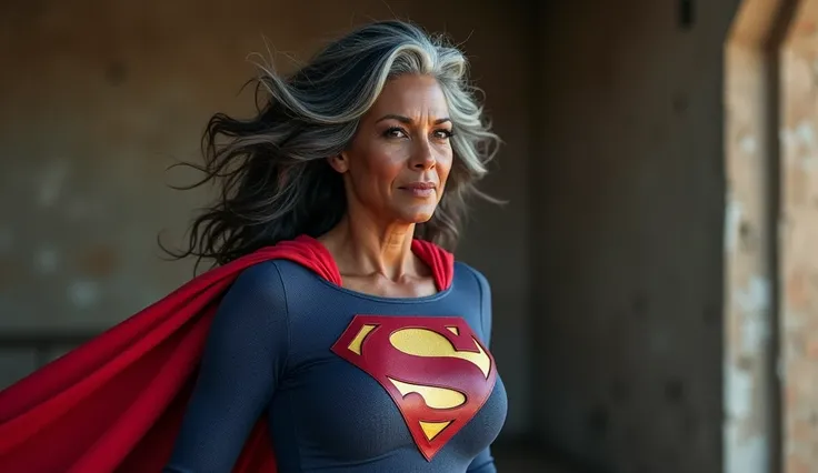 Paula Patton with beautiful dark skin; Mega Super strong Supergirl(((Supergirl 50years old) (((very beautiful,  seios bem grandes, black/gray hair com mexas brancas, old Superwoman (((clothing faithful to 1984s Helen Slater Supergirl movie costume))) angel...