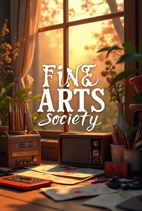 Create a post for a college society, by the name of FINE ARTS SOCIETY, incorporate intricate details and instruments of arts into the image, like paint brushes, pencils, radio, music cassettes, and make it a sunset kind of vibe.. The text FINE ARTS SOCIETY...