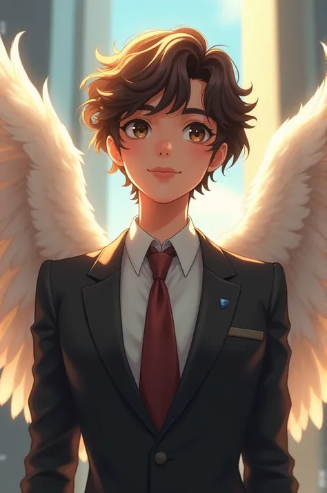 Angel in a suit, short brown curly hair, brown eyes 