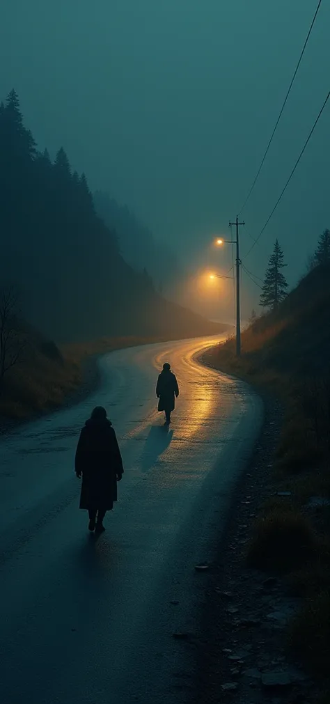 A desolate road at night with warm light 