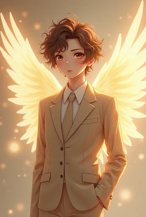 Angel in a suit, short brown curly hair, anime style brown eyes 
