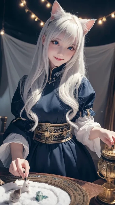 
(masterpiece, highest quality, highest quality, official art, beautiful and aesthetic: 1.2), (one girl: 1.3), wavy long hair, white hair, Cat ears on the head,highly detailed portrait, highly detailed hands, looking at the viewer, alone, (whole body: 0.6)...