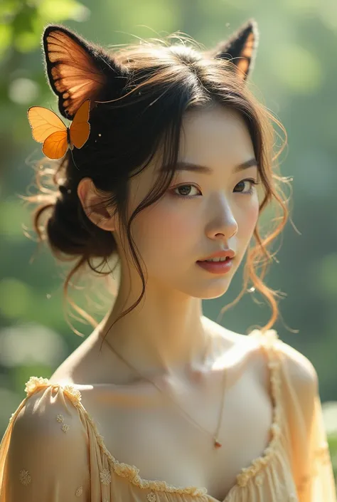 beautiful girl with butterfly cut hair. take pictures using the cat filter.