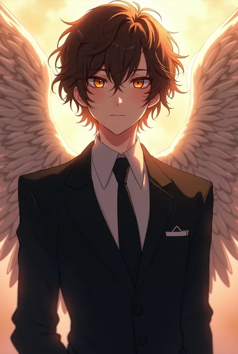 angel in black suit, short brown curly hair, anime style brown eyes 
