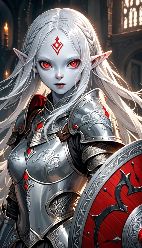 ((best quality)), ((masterpiece)), (detailed), perfect face, Albino warrior, ((long white hair, white skin, red eyes)), black magic sword, (Great sword engraved with red runes), crazy eyes, haggard cheeks, fantasy novel, 2 ladies, ((Silver armor, gloves, a...