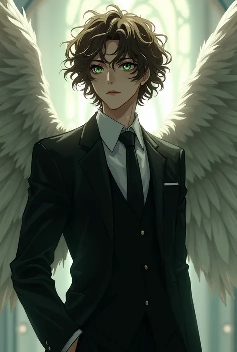 angel in black suit, short brown curly hair, greenish brown eyes, Anime style 
