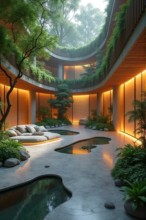 The garden is the green heart, with paths between trees, sources, and benches to relax. The meditation room, with dim lighting and cushions, offers a refuge of calm visually connected to nature. The creative room is full of vibrant colors, Chalkboards and ...