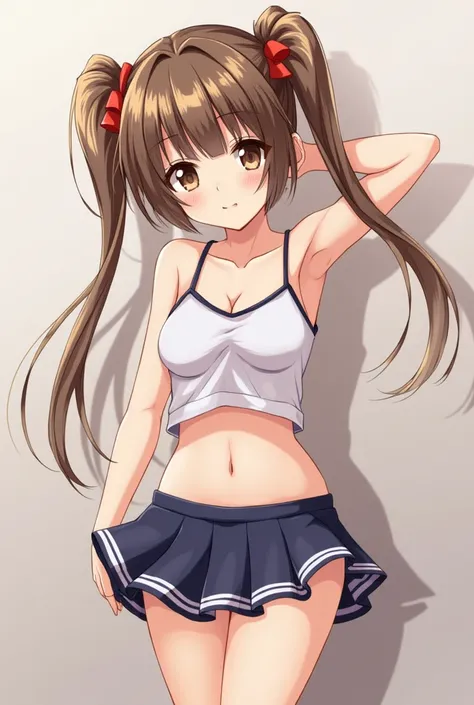 Beautiful anime girl with long brown hair in pigtails, short skirt without blouse or bra bent down revealing her vagina