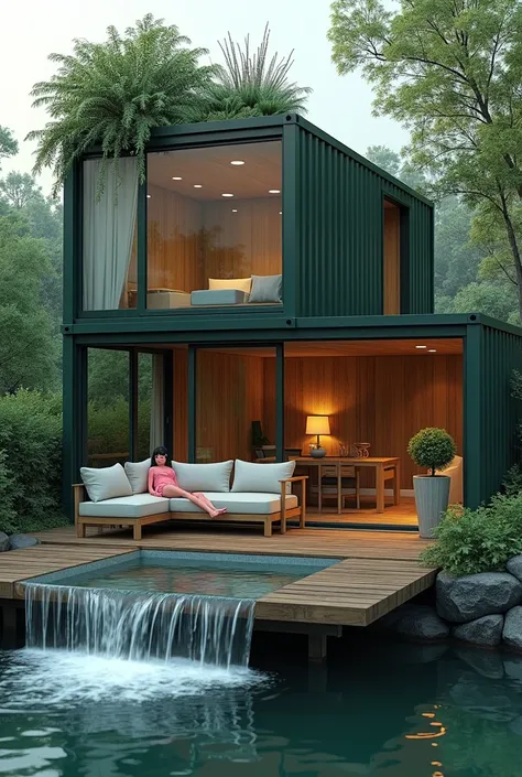 Close up interior sofa A warm and modern two-story dark green shipping container house by the water, designed with large glass windows and natural wood. The ground floor is open plan, with both indoor and outdoor living spaces. Simple furniture and warm li...