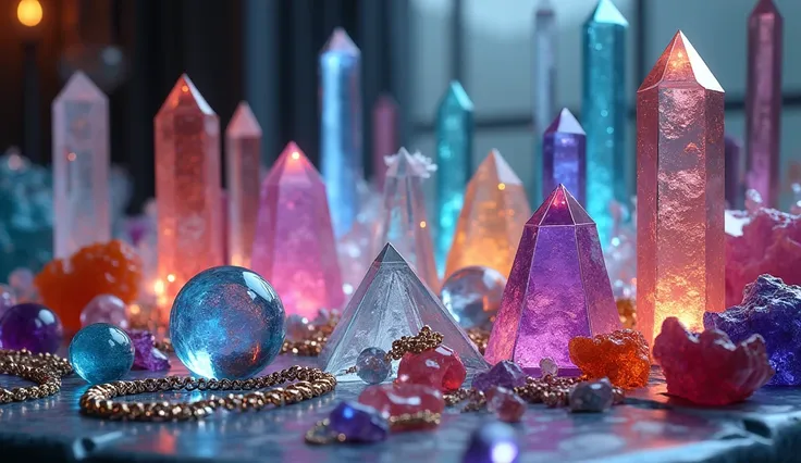 The gorgeous table is filled with various crystal items, including crystal necklaces, small crystal pyramids, crystal balls of various colors, gorgeous colored gemstones and crystal columns, movie poster design style, and ultra-clear digital camera photogr...