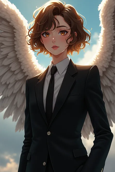 angel in black suit, short brown curly hair, brown eyes, young anime style 

