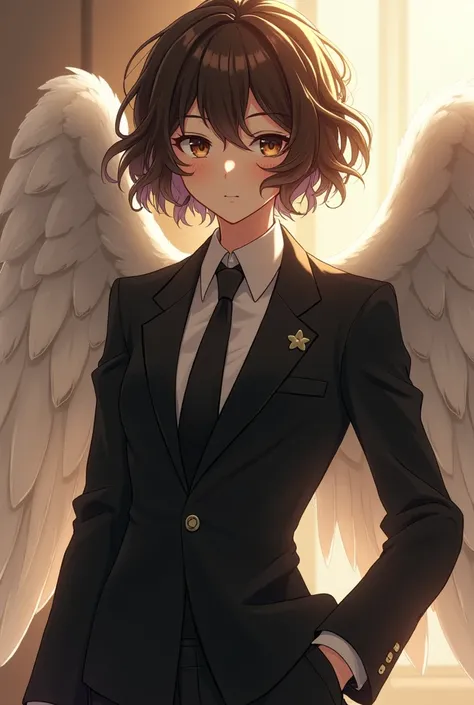 angel in black suit, short brown curly hair, brown eyes, young anime style 

