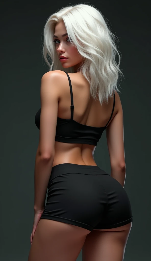 young hot curvy woman with white hair, black skinny jeans shorts and black crop top showing ass