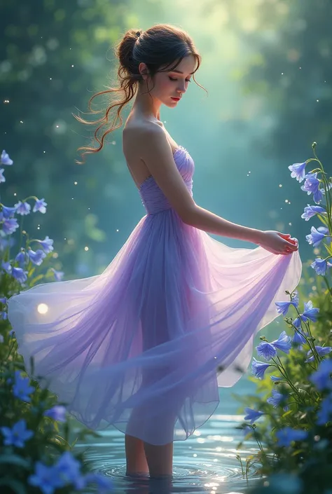  A beautiful young woman with a perfect figure and a pure personality, wearing a flowing dress., Pastel purple dress. The graceful movements are reminiscent of dancers stepping on water.. With an expression of deep reflection, Surrounded by flora and fauna...