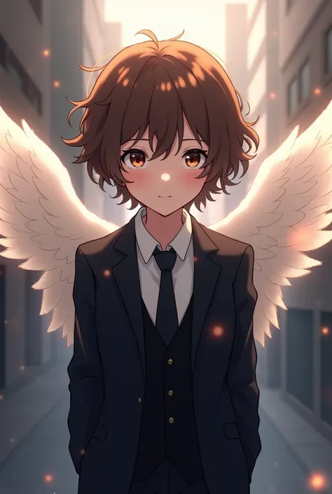 angel in black suit, short brown curly hair, brown eyes, anime style young boy 

