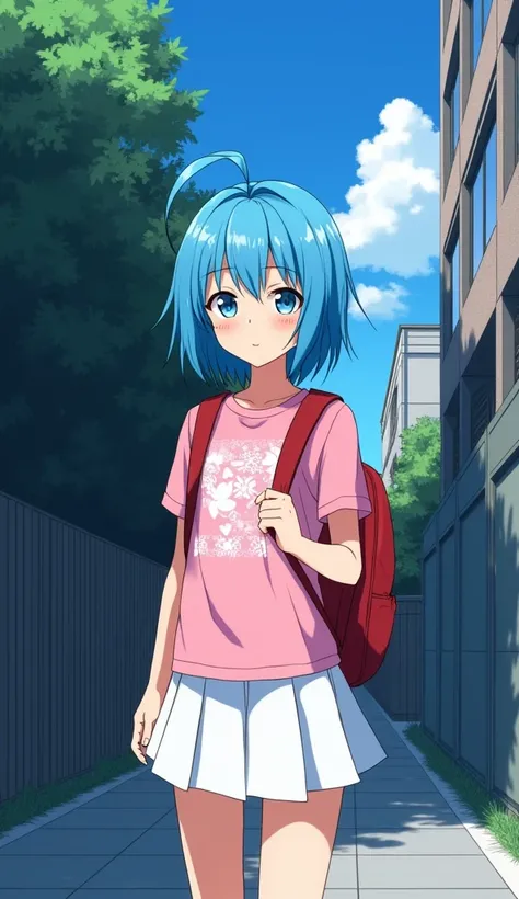 masterpiece, Best Quality, High resolution, Very detailed,(((Blue Hair Girl))), (((Japanese Anime))), (((Pink printed T-shirt))), (((Carrying a red backpack))), (((Expressionless))), (((White mini skirt))), (((blue sky))), (((Sidewalk))), (((Dark Forest)))