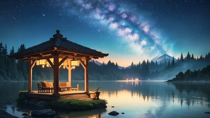 A girl listens to calming music with headphones, sitting by a tranquil lake under the soft glow of the moon. Mist rises gently from the water, while stars shimmer above, and the Milky Way stretches across the sky. The atmosphere is serene and magical, with...