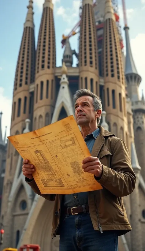 Holding old blueprints in hand,Old-fashioned atmosphere,Blueprints of the Sagrada Familia,With the Sagrada Familia in the background,Under Construction