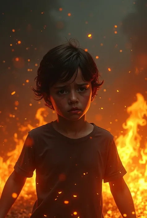 boy with brown hair crying while burning