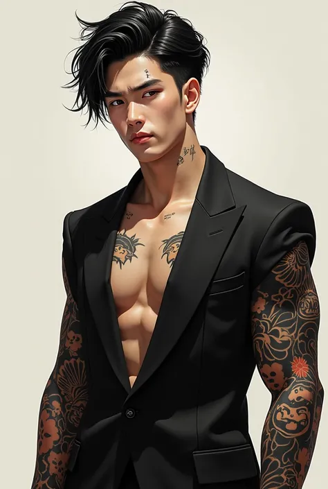 A young man, with several Japanese symbols spread over his body Dressed in a black suit with slightly shorter hair Handsome and with a trained physique Beautiful arms