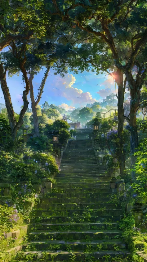 bluebell fields,  a set of stairs in a grassy area, pyramid surrounded with greenery, blossoming path to heaven, korean countryside, steps leading down, sunset, verdant and lush and overgrown, dense with greenery, 400 steps, beautiful ancient garden behind...