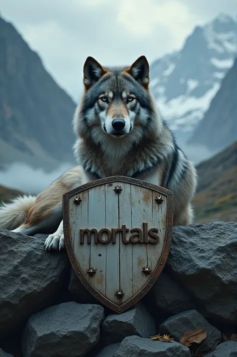 Show me a wolf lying down with the shield written Mortals 