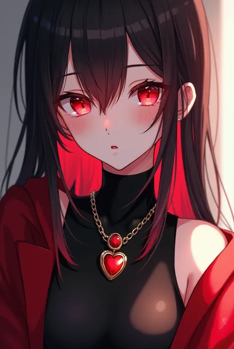 Close up view to a female character, chest length dark hair with red degrade, reddish eyes and little freckles... Using a black body-suit, a red jacket and a beautiful necklace with a heart-shaped gemstone.

Genshin impact / anime style