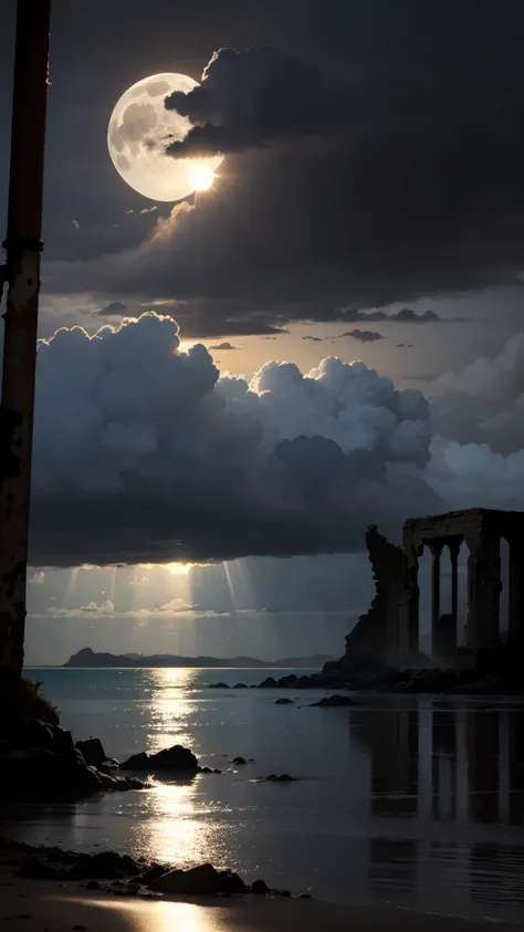  sea, Beach, cloudy, Sunshine, dusk, moon, cloud, null, Outdoor, cloudy null, leaf, Ruins, Sunbeam, Post-apocalyptic, side