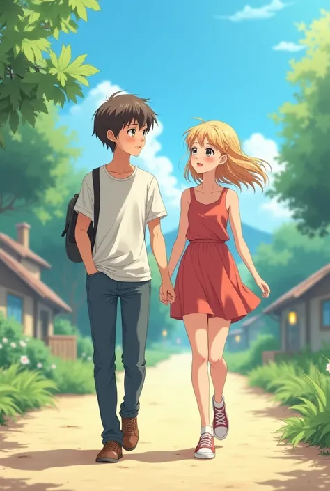 Two young boy and girl walking together 
Anime
 There age 18 to 17