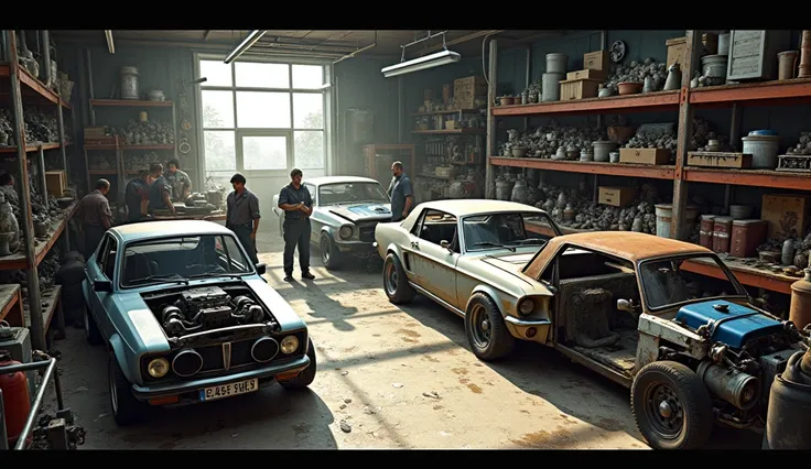 garage with several modified and disassembled cars.