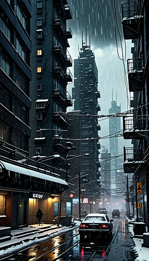 Dystopian City in a Snowfall 4k, HD, High Resolution, Dark Mood and Lighting.