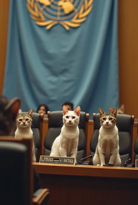 In united nations, cats are sitting on the chairs as members.  Cats are not wearing any clothes. The view is such that the sleaker and the guest are seen and the united nations flag is in the background. The view includes several cats 