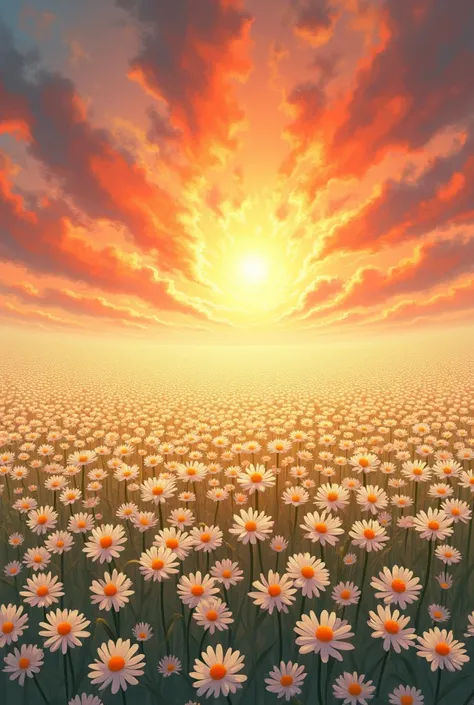 A field of daisies as far as the eye can see against a fiery sky.