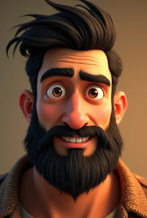 Man with a handsome face, Pixar model type, expressive, somewhat drooping, light brown eyes, and simple smile Short straight black hair and thick black beard, well-defined bushy eyebrows, perfect small pink lips, small nose but not too sharp, Small ears