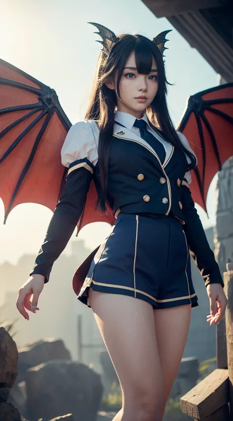 天）Create an ultra-realistic 8K image of a character inspired by a wyvern, retaining the key dragon-like features while blending them with the appearance of a beautiful high school girl. The character has large, dragon-like wings, with sleek, leathery membr...