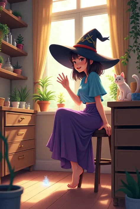 (Young female witch)++, anime style, sitting on a stool, large witch hat, blue top, purple skirt, barefoot, magical workspace, holographic cat, hand gesture, wooden floor, cozy room, warm lighting, detailed environment, illustrated look, soft shading, ligh...